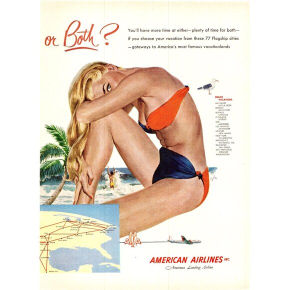 1952 American Airlines Mountains or Beaches 2pg Vintage Print Ad 50s Wall Art - Picture 3 of 4